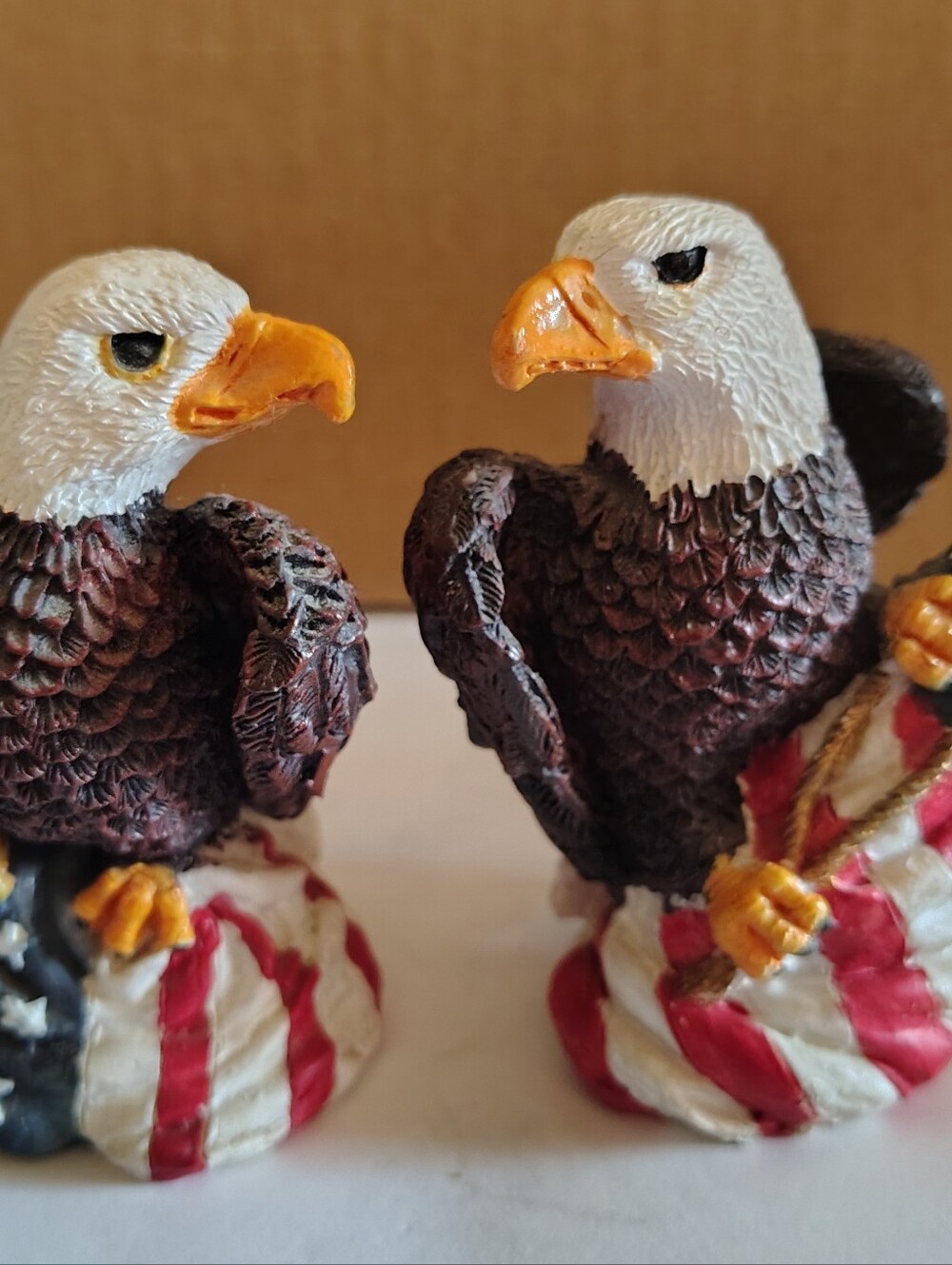 Patriotic Bald Eagle Figurines Pair With American Flag Design